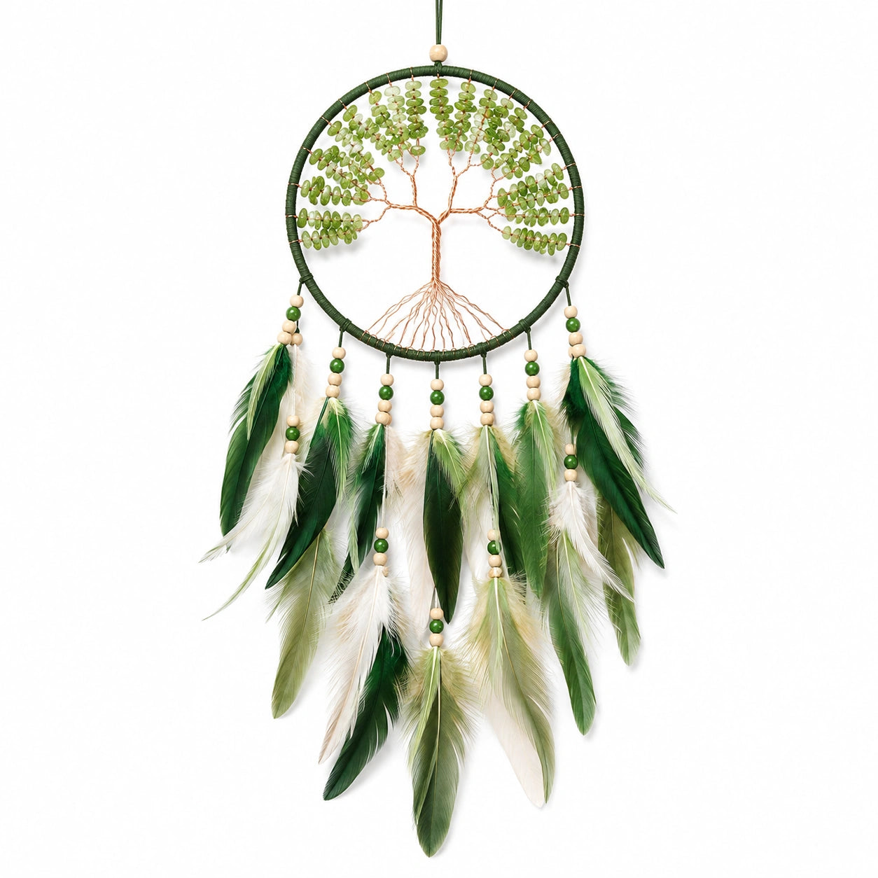 Attrape-rêves 30 x 70 cm en métal vert avec plumes décoratives style bohème