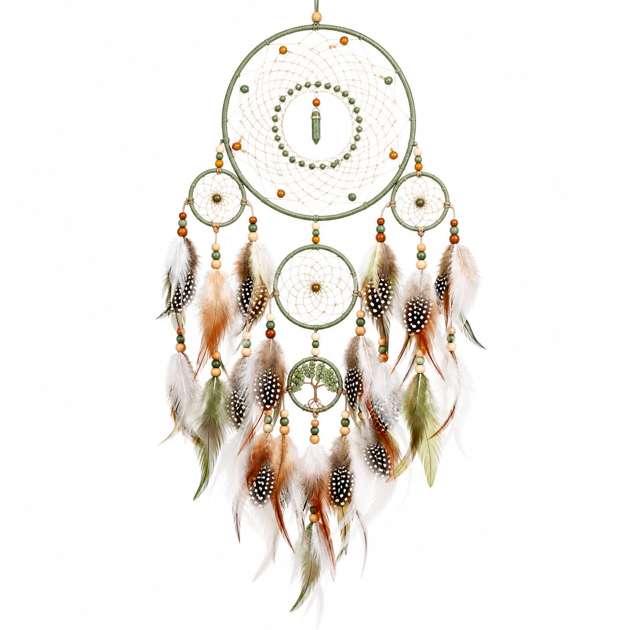 Attrape-rêves mural 50 x 100 cm en corde vert et beige avec plumes style bohème