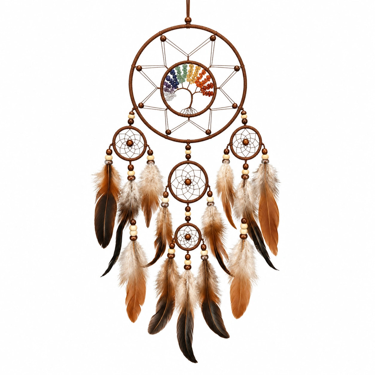 Attrape-rêves mural 35 x 85 cm en cordon marron avec plumes style bohème