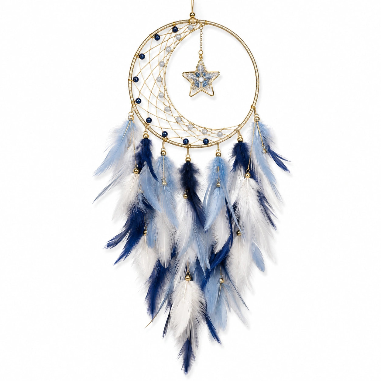 Attrape-rêves 30 x 75 cm en métal doré plumes bleu blanc décoration suspendue lunaire