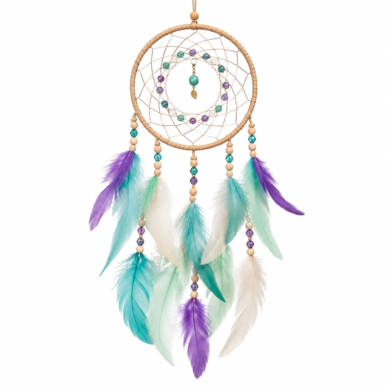 Attrape-rêves 30 x 75 cm en fibres et plumes turquoise violet blanc à suspendre