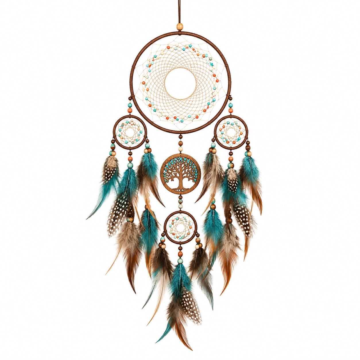 Attrape-rêves 40 x 90 cm en corde marron avec plumes turquoise style bohème mural
