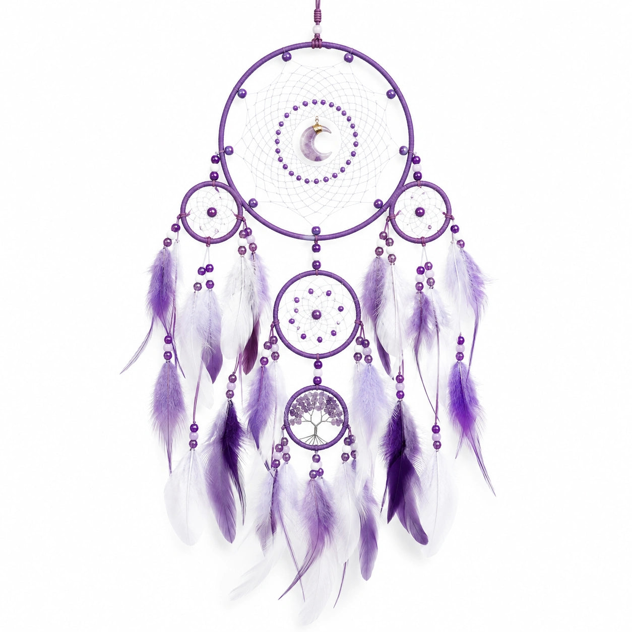 Attrape-rêves suspendu violet et blanc en plumes 35 x 85 cm décoration murale bohème