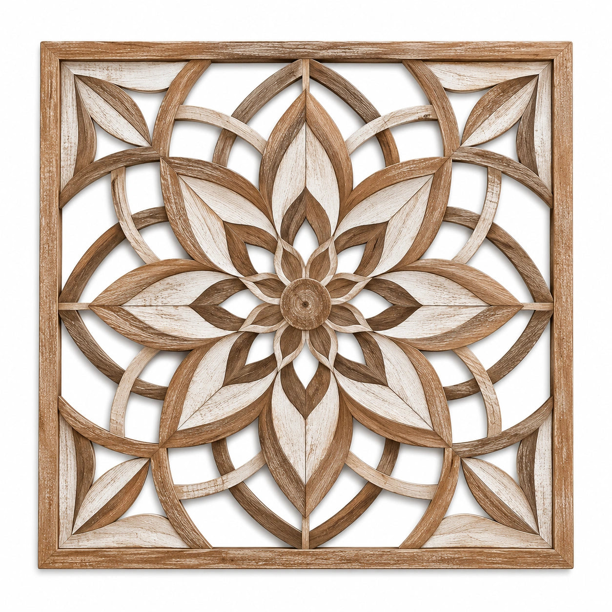 Décoration murale 60 x 60 cm en bois marron/blanc motif floral ajouré style rustique