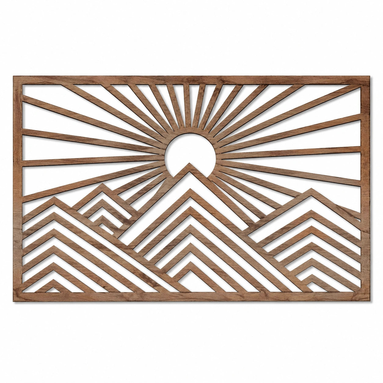 Décoration murale 120 x 60 cm en bois marron motif soleil et montagnes ajouré