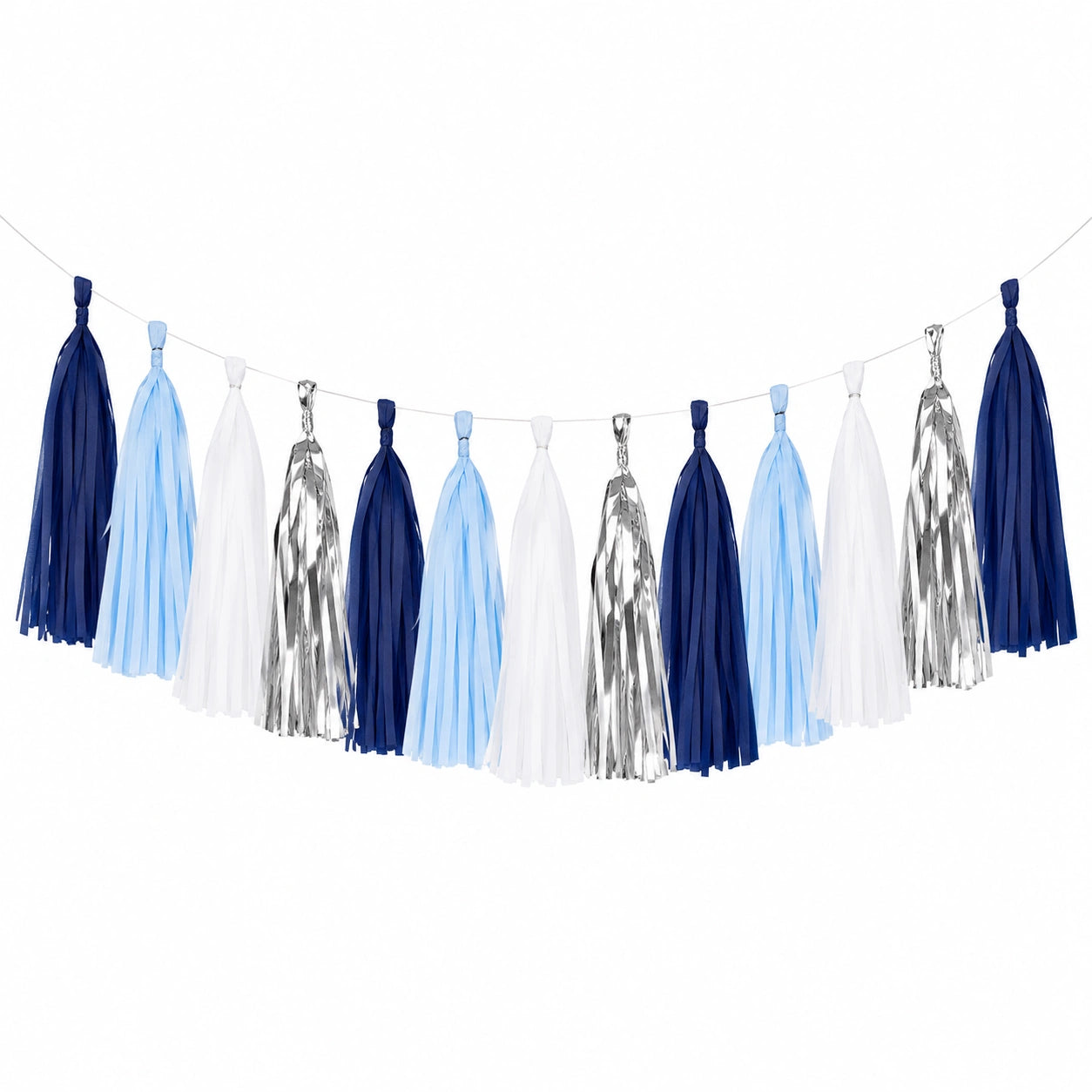 Guirlande à pompons 300 x 35 cm en papier bleu blanc argenté décorative