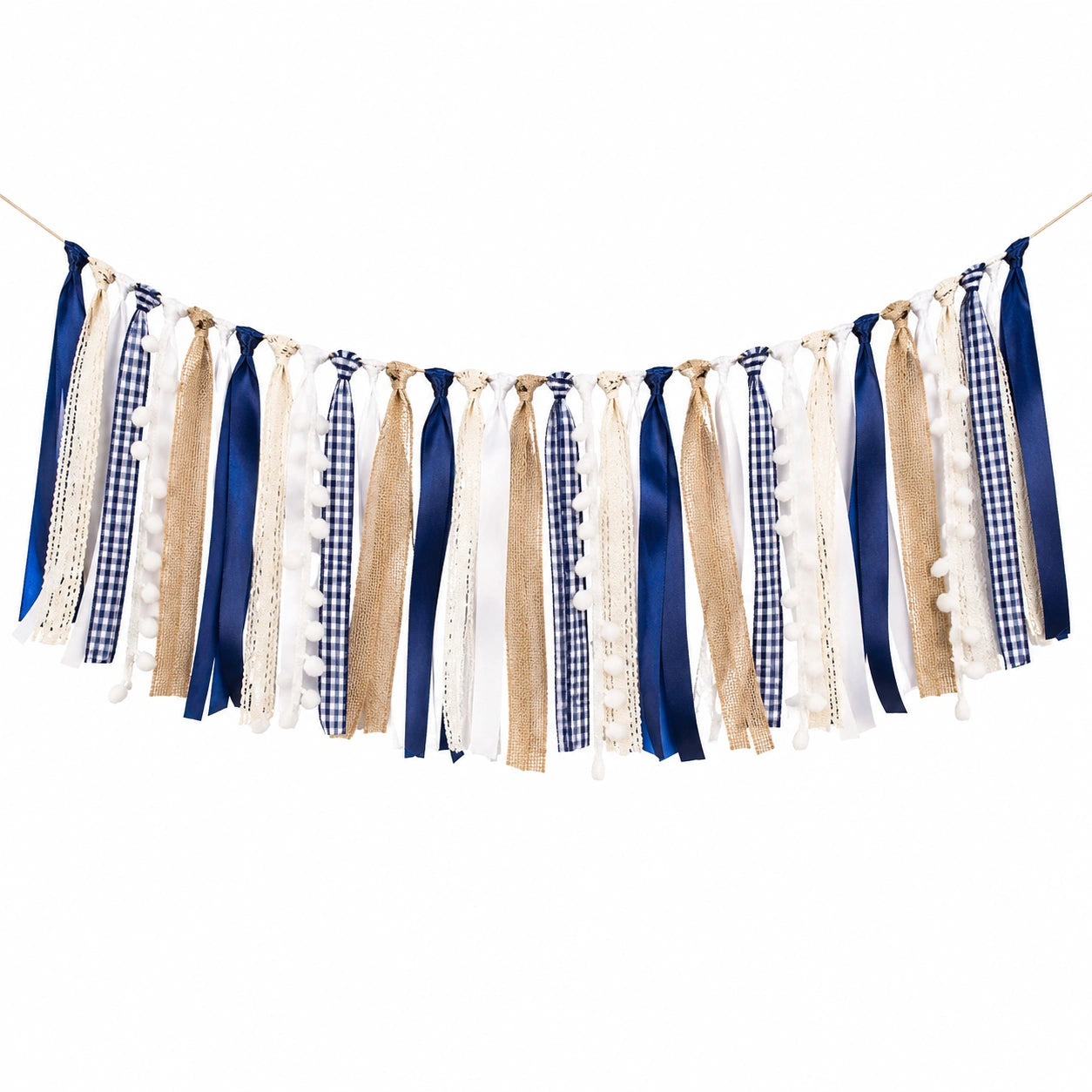 Guirlande décorative 150 x 45 cm textile bleu marine blanc beige style rustique
