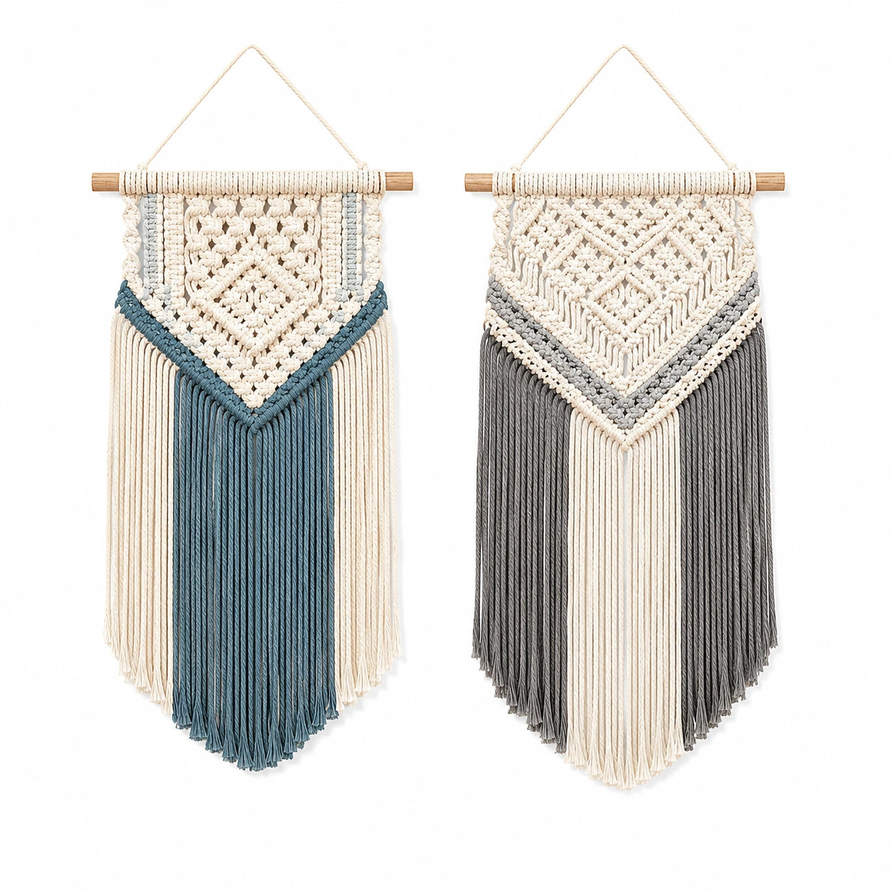 Tenture murale macramé 35 x 75 cm en coton beige bleu gris style bohème