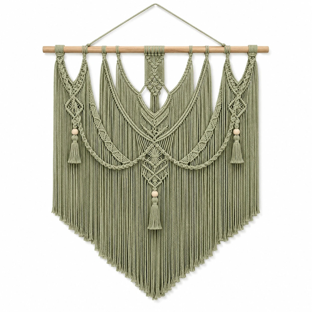 Tenture murale en macramé 100 x 110 cm vert sauge en corde textile style bohème