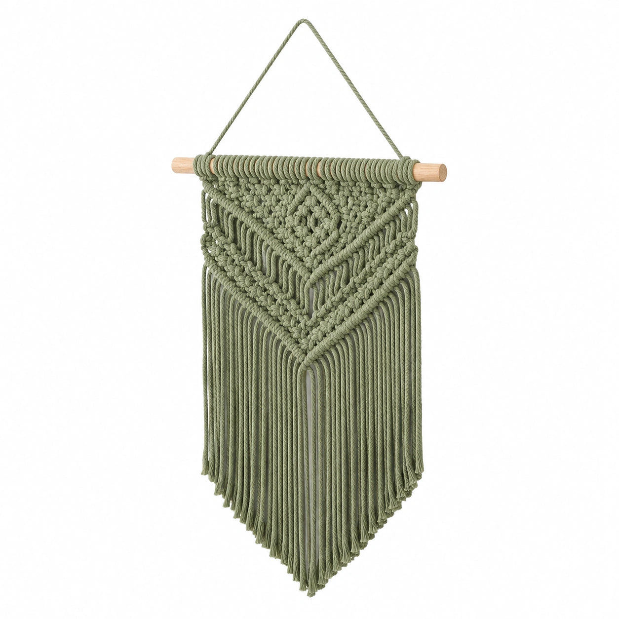 Décoration murale macramé 40 x 90 cm vert sauge en corde textile style bohème