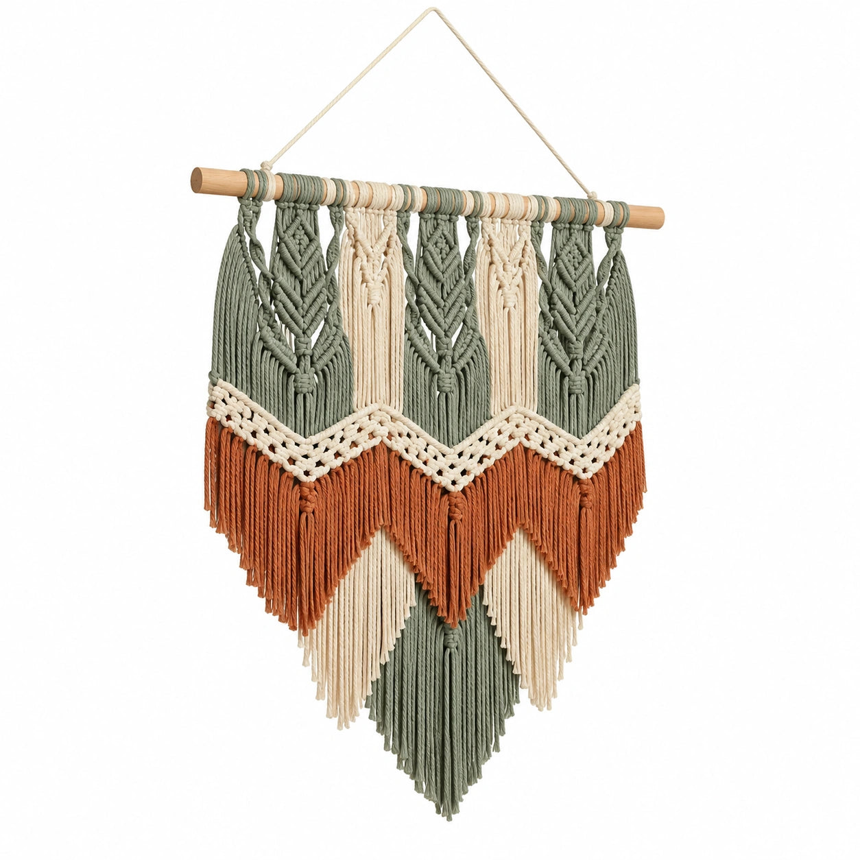 Tenture murale 50 x 75 cm en coton vert sauge écru terracotta style bohème