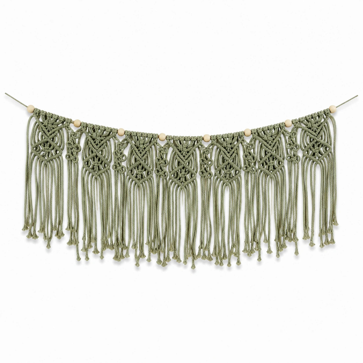 Décoration murale en macramé 120 x 65 cm coton vert sauge style bohème