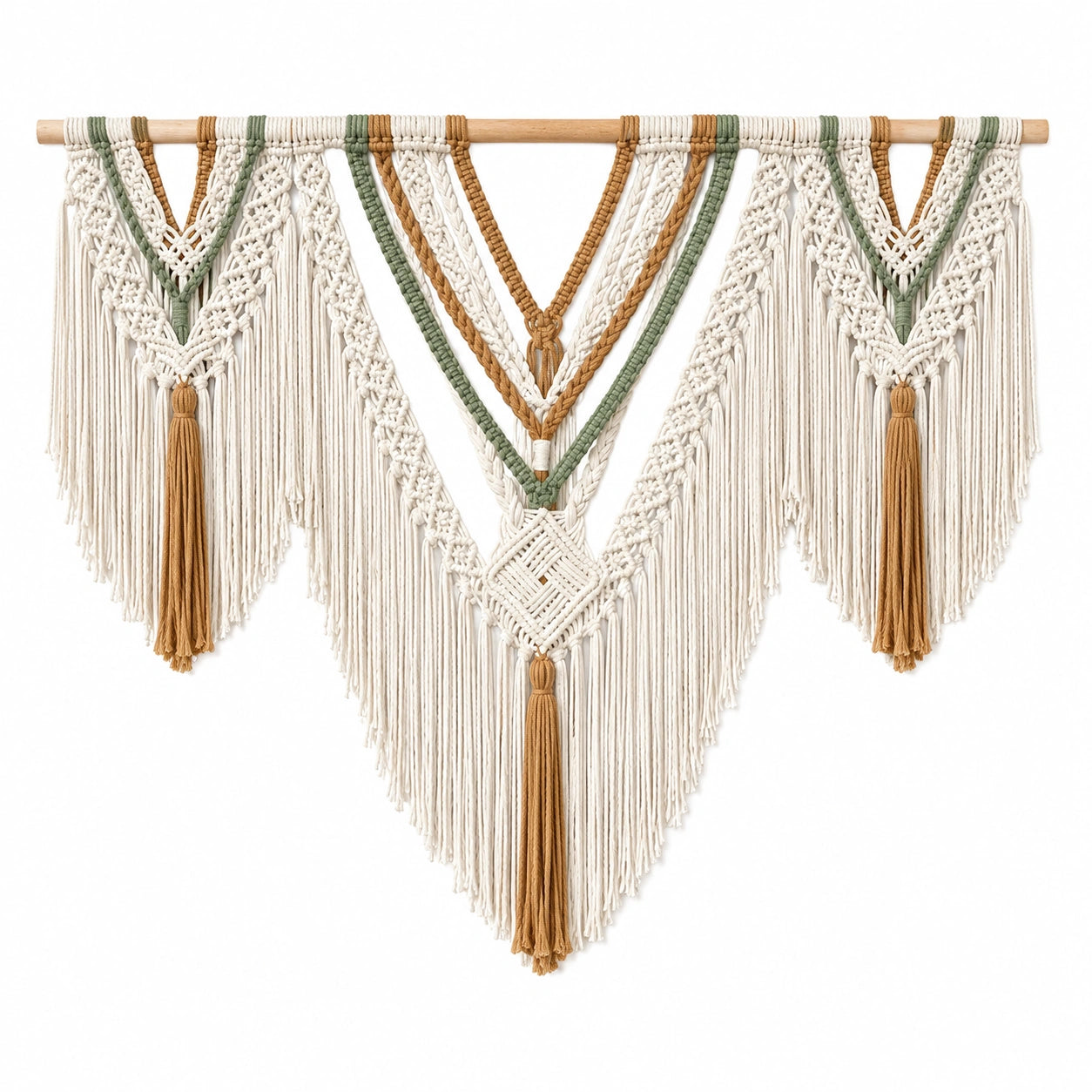 Tenture murale macramé 120 x 100 cm en corde textile écru vert sauge ocre style bohème