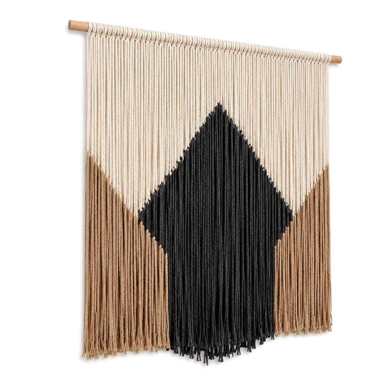 Tenture murale 65 x 85 cm en corde textile et bois beige marron noir style bohème