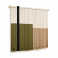 Tenture murale à franges 80 x 100 cm en corde textile écru vert olive noir beige avec tringle en bois style naturel