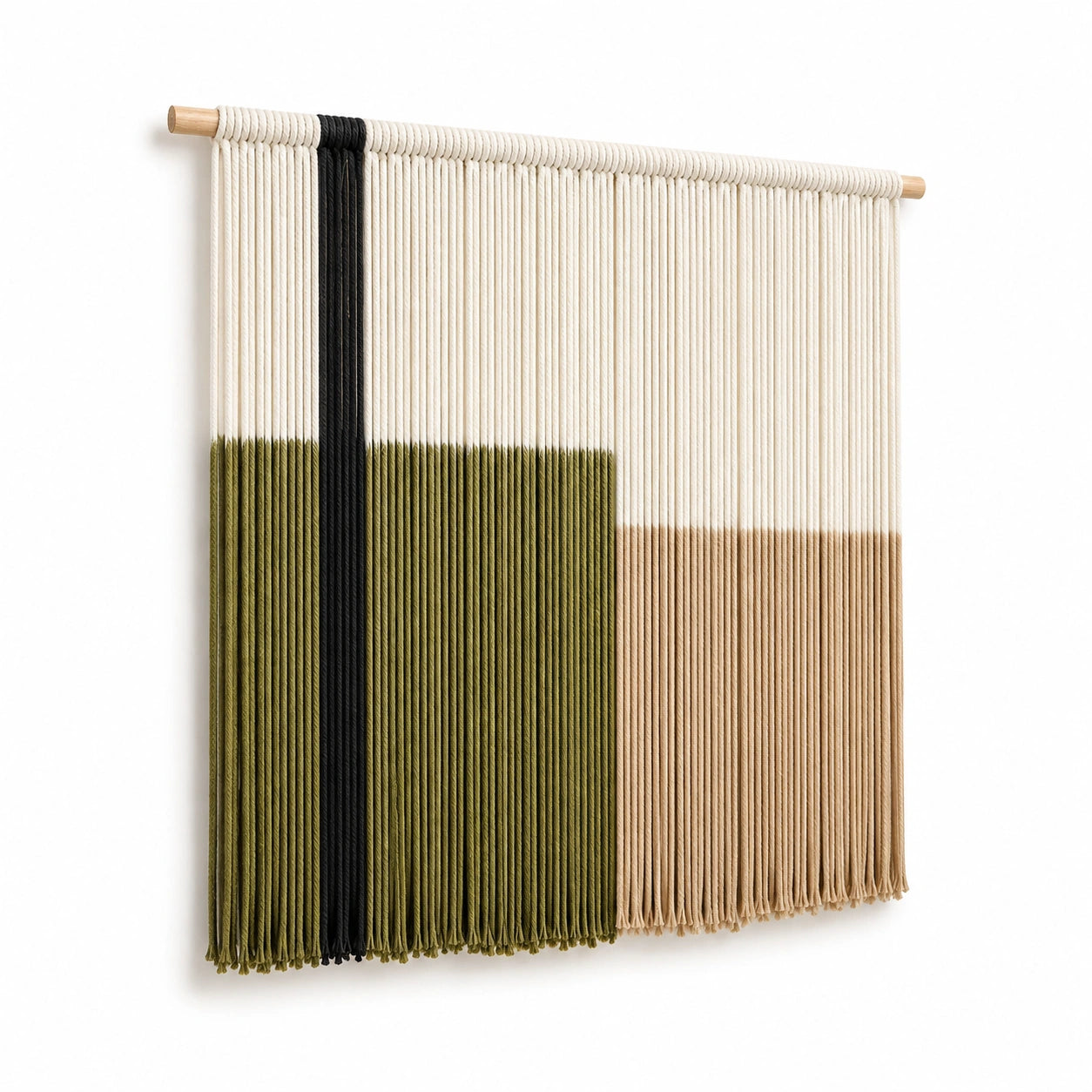 Tenture murale à franges 80 x 100 cm en corde textile écru vert olive noir beige avec tringle en bois style naturel