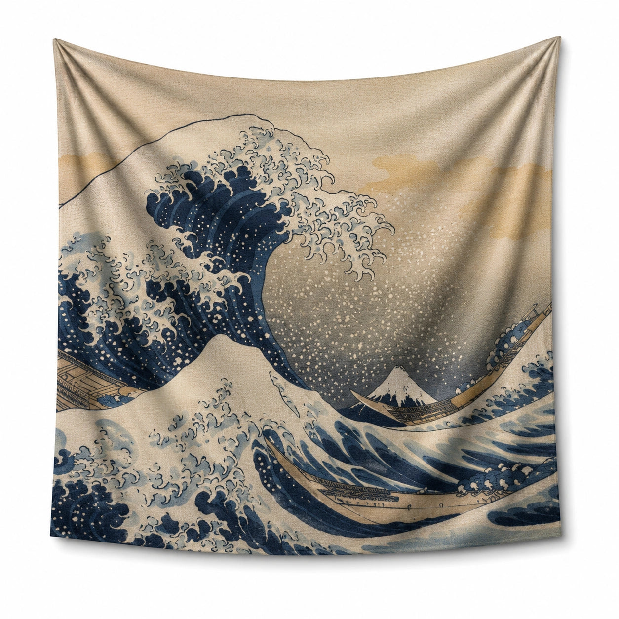 Tapisserie murale 150 x 150 cm en polyester beige et bleu motif vagues style graphique marin