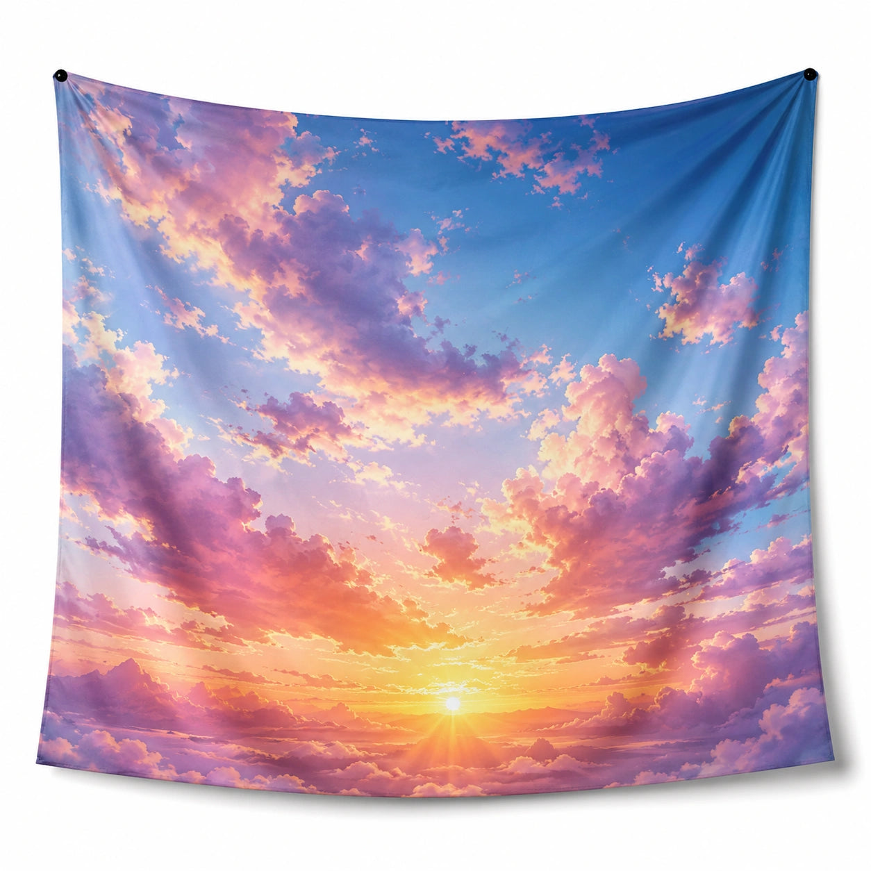 Tenture murale 150 x 150 cm en polyester bleu rose motif ciel coucher de soleil décorative