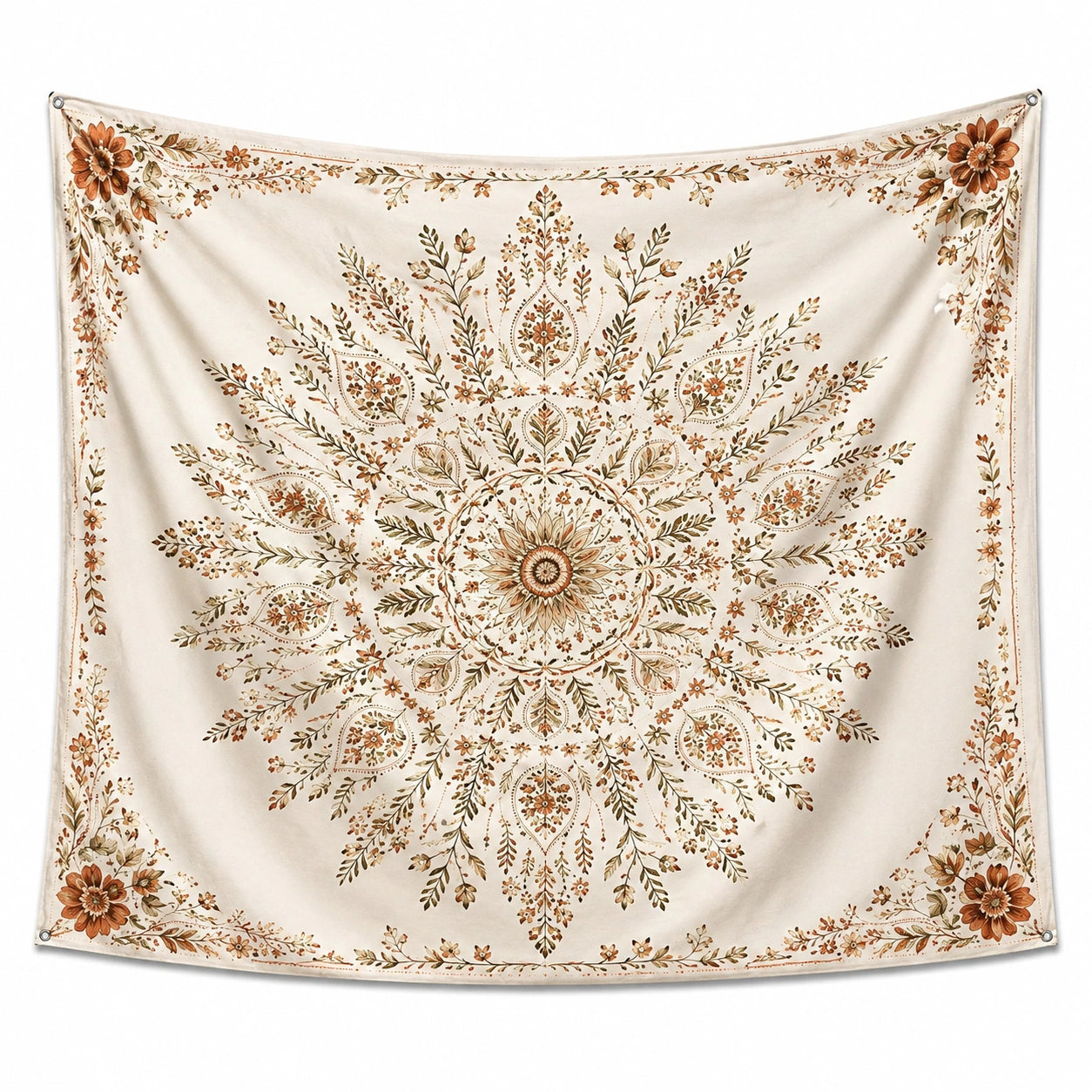 Tapisserie murale 150 cm x 150 cm en polyester beige à motif floral style bohème